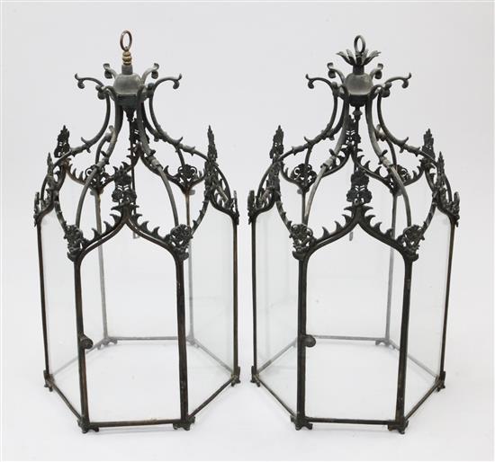 A pair of late 19th century hexagonal hall lanterns, 32 x 17.5in.